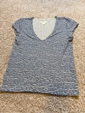 Maeve Anthropologie Striped V-Neck Knit Top Coastal Preppy Blue White Preppy M